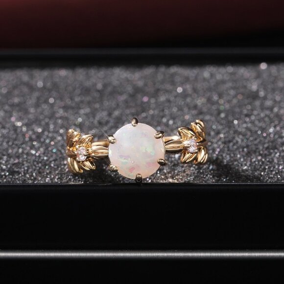 "Dainty Opal CZ Gold Plated Beautiful Fashion Leaf Trendy RingUNVN12038 - Picture 1 of 5